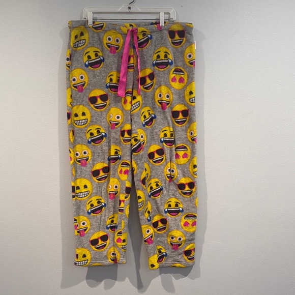Emoji Gray and Yellow Soft Fleece Pajama Pants w/ Pink Drawstring - Size XL - Picture 1 of 8